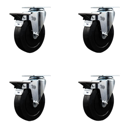 Service Caster 5'' Soft Rubber Wheel Swivel Top Plate Caster Set with Posi Brake, 4PK SCC-20S514-SRS-PLB-4
